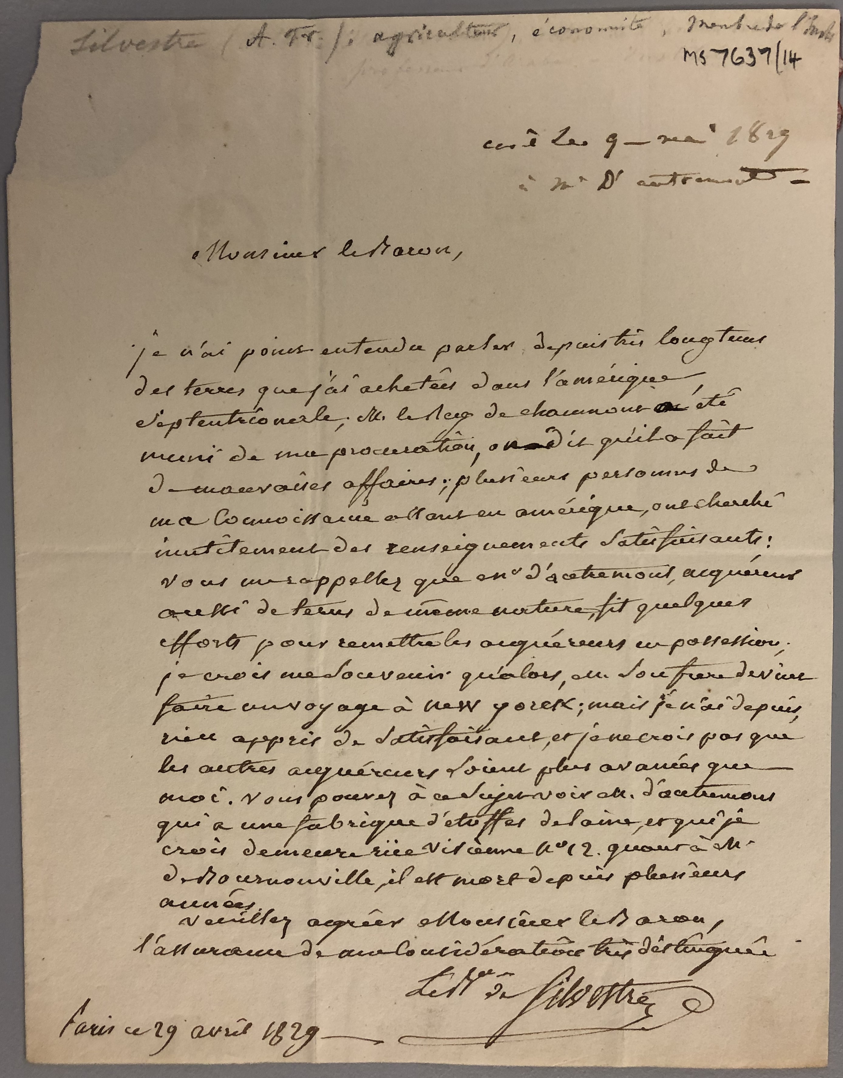  Lettre de Augustin-François de Silvestre au Baron de Marguerite à propos de terres en Amérique septentrionale - Lettre